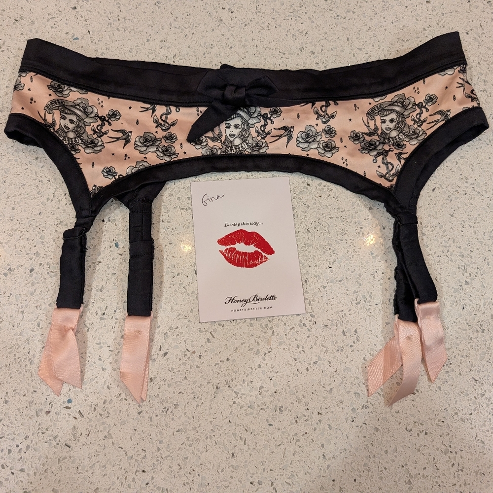 Vintage Honey Birdette Hello Sailor pink suspenders size M